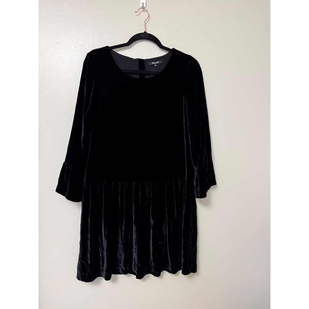 Madewell Black Silk Blend Velvet Ruffle Cuff Mini Dress